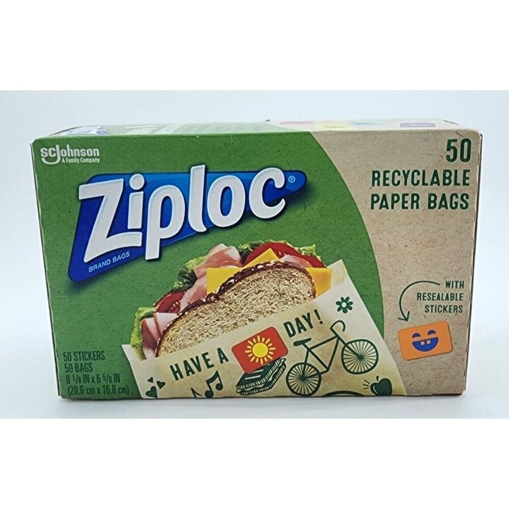 NEW Ziploc Recyclable Paper Bags + Resealable Stickers Fun Designs 50 Count